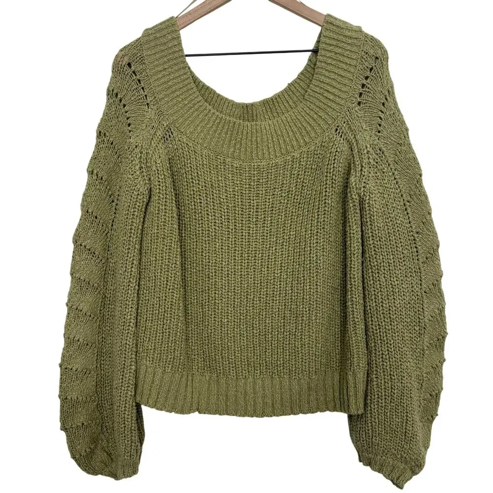 Anthropologie Pilcro Chunky Knit Balloon Sleeve Sweater Olive Green Size Large